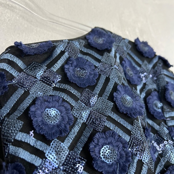 Badgley Mischka size 12 sheath dress navy textured floral sequin short sleeve - Picture 8 of 11